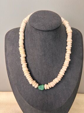 Vintage Hawaiian Puka Shell Necklace With Tumbled “Blue Green Stone”